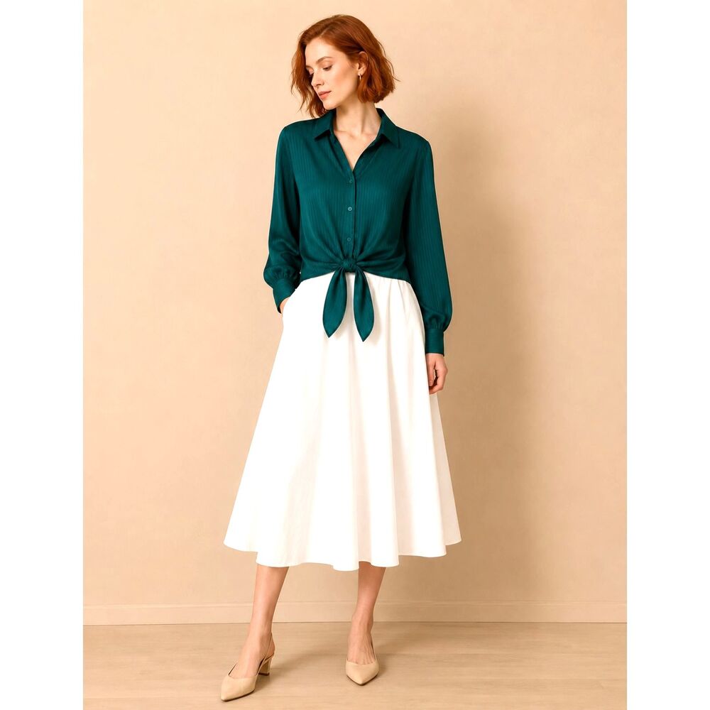 New Gigio M 8 10 Hunter Green Button Up Smocked Shoulder Striped Blouse